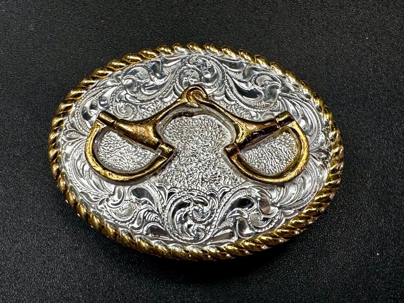 Vintage Crumrine 2" Wide Small Two tone Belt Buckle Engraved Swirl Design