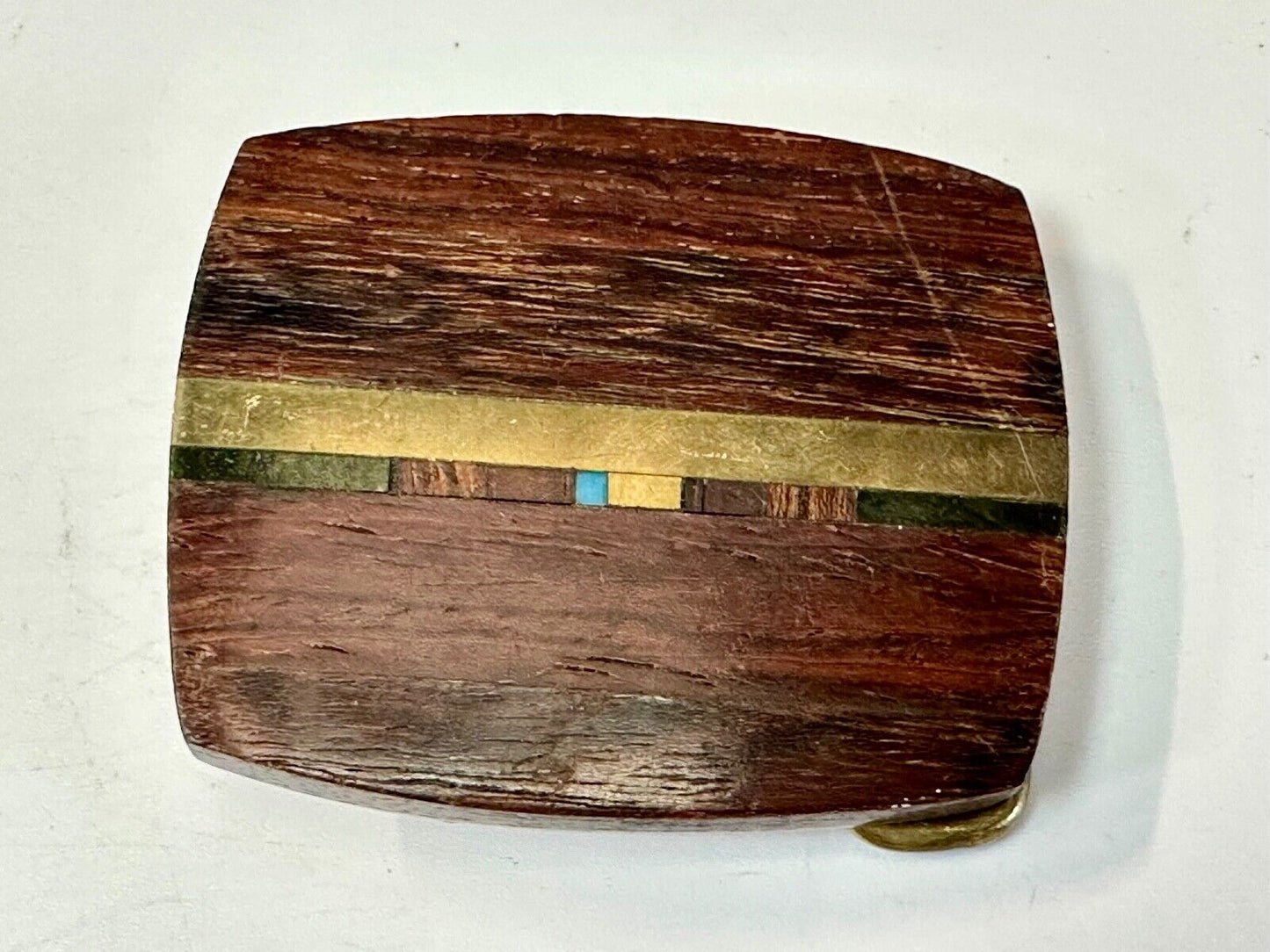 turquoise and solid brass inlay to exotic wood Scorpion Products Div belt buckle