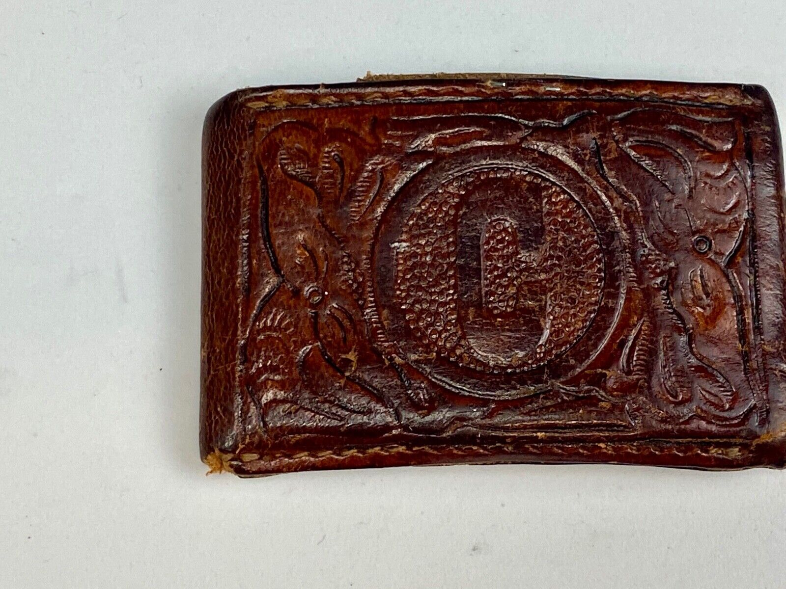 Vintage Leather stitched initial letter monogram C belt buckle 