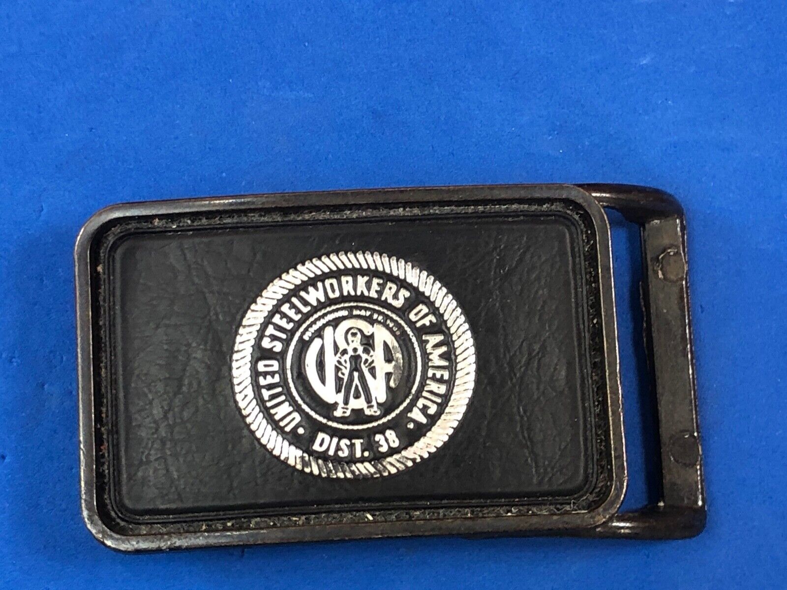 Vintage Leather backed Belt Buckle United Steelworkes of America Dist 38 