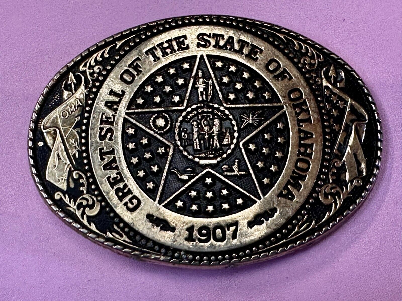 The Great Seal of Oklahoma 1907 Commemorative Vintage Belt Buckle