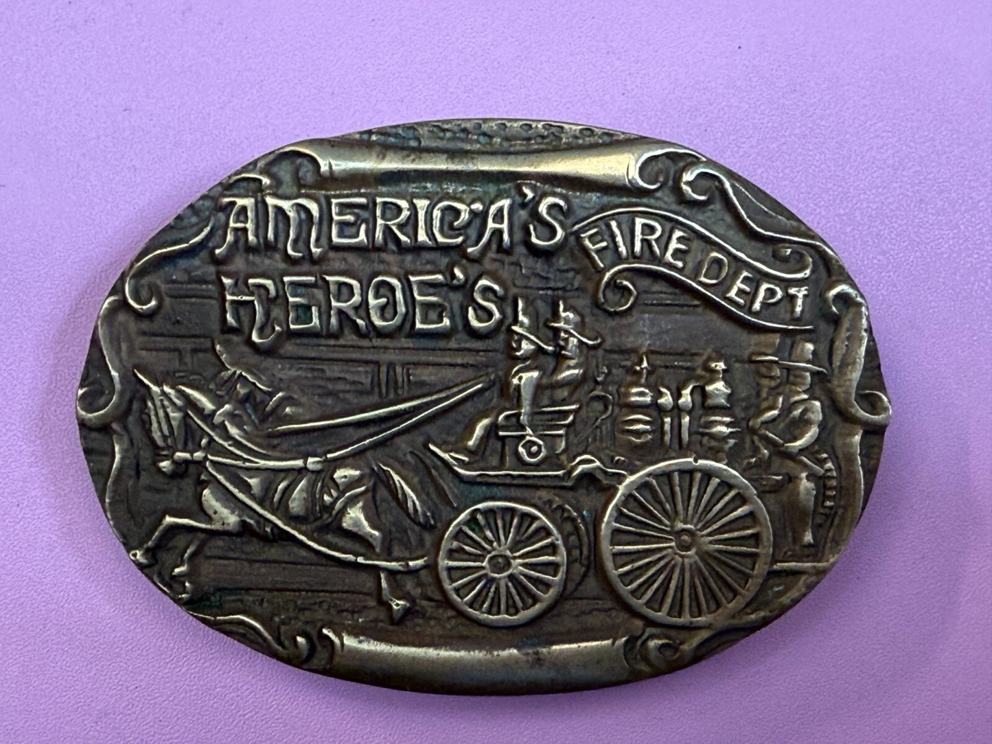 America's Heroes Fire Department Fireman Truck Wagon Solid Brass Belt Buckle