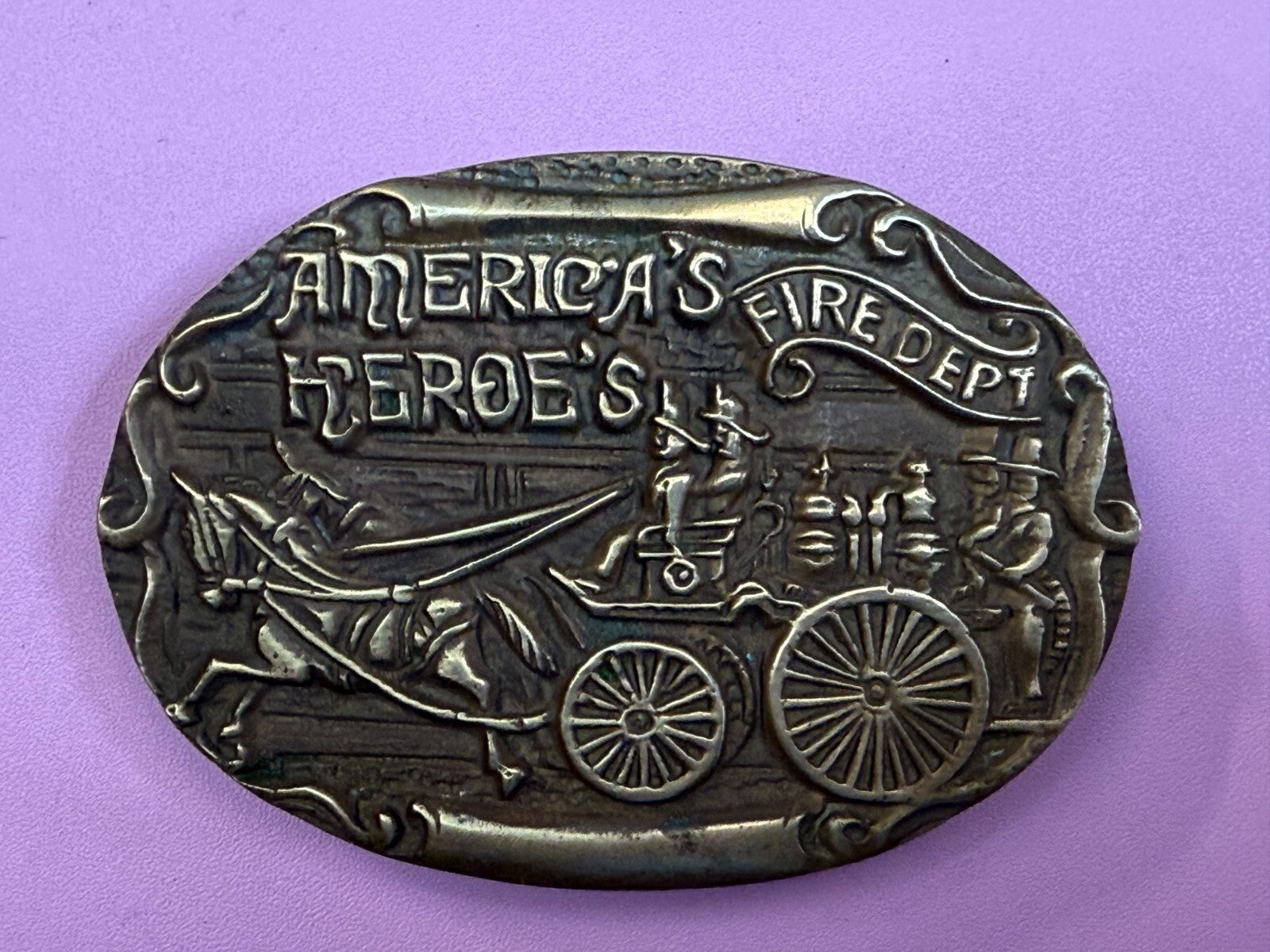 America's Heroes Fire Department Fireman Truck Wagon Solid Brass Belt Buckle