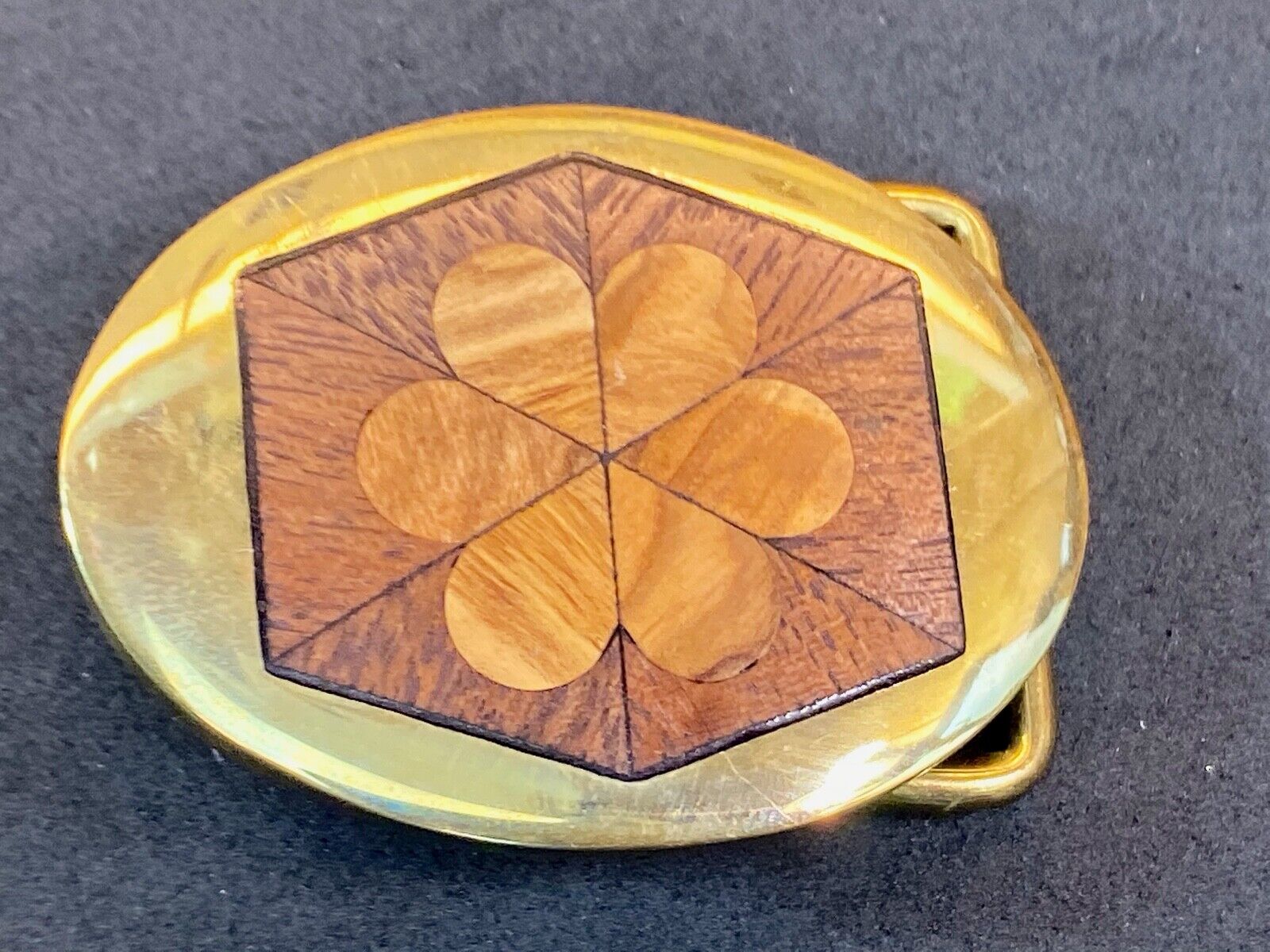 Vintage Brass With Wood Inlaid Mixed Flower Design Belt Buckle 