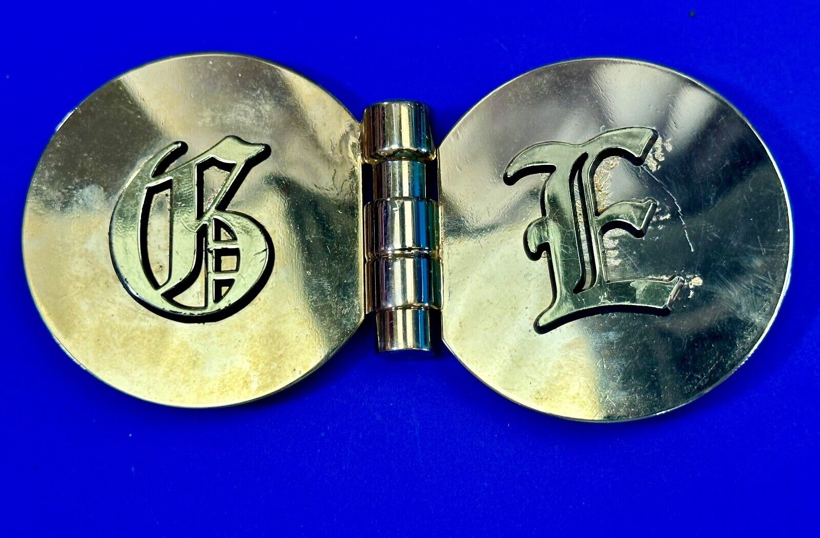 vintage initials letter GE? Hinged gold tone belt buckle