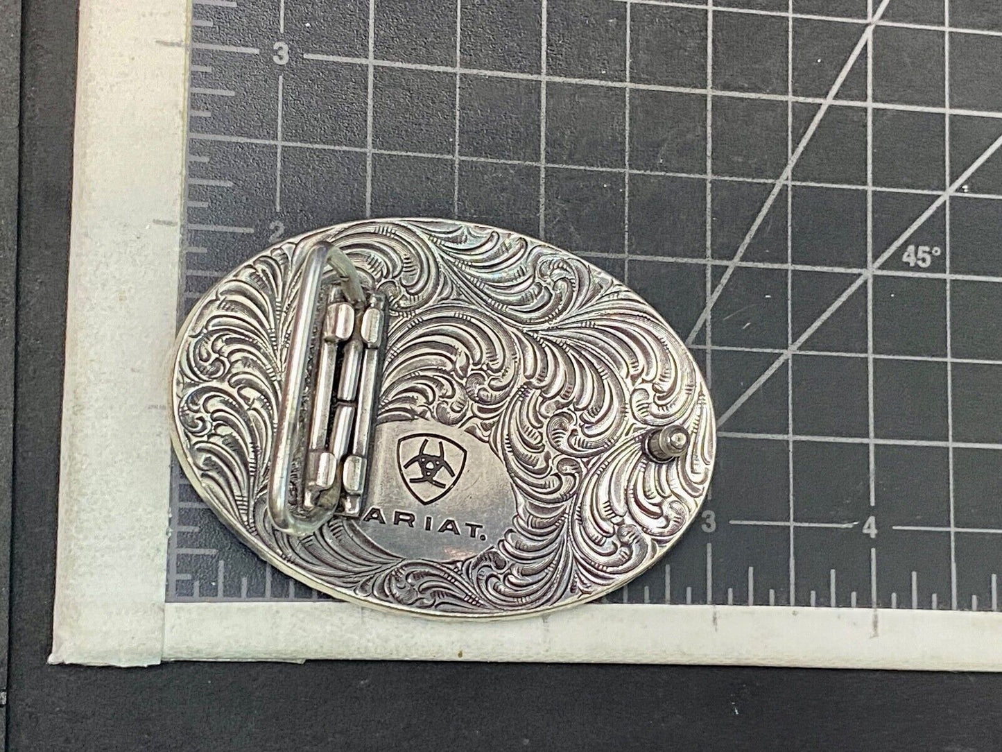 Ariat Western Oval Silver Tone Belt Buckle With Filigree Shield & Berry Edge