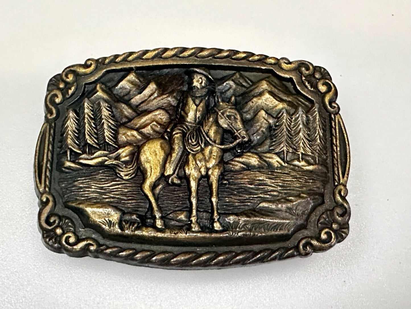 Tall In The Saddle Western Cowboy Leading Wagon Train Vintage ART Belt Buckle