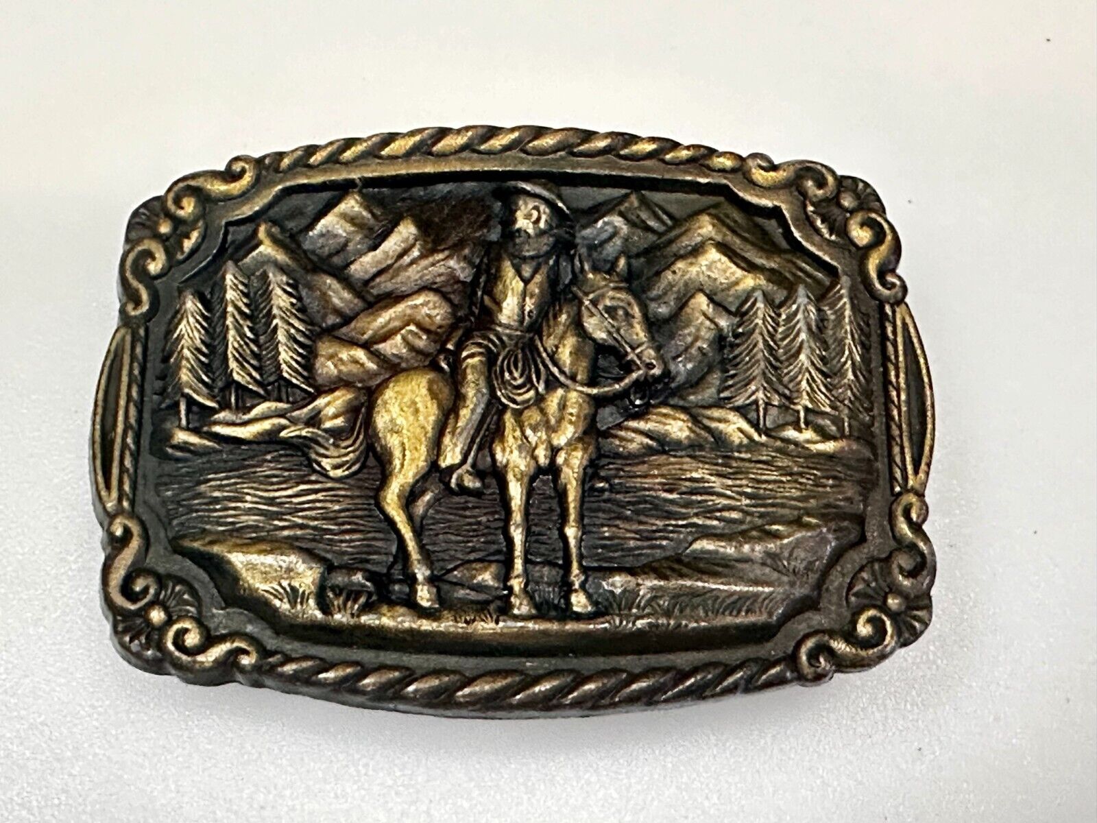 Tall In The Saddle Western Cowboy Leading Wagon Train Vintage ART Belt Buckle