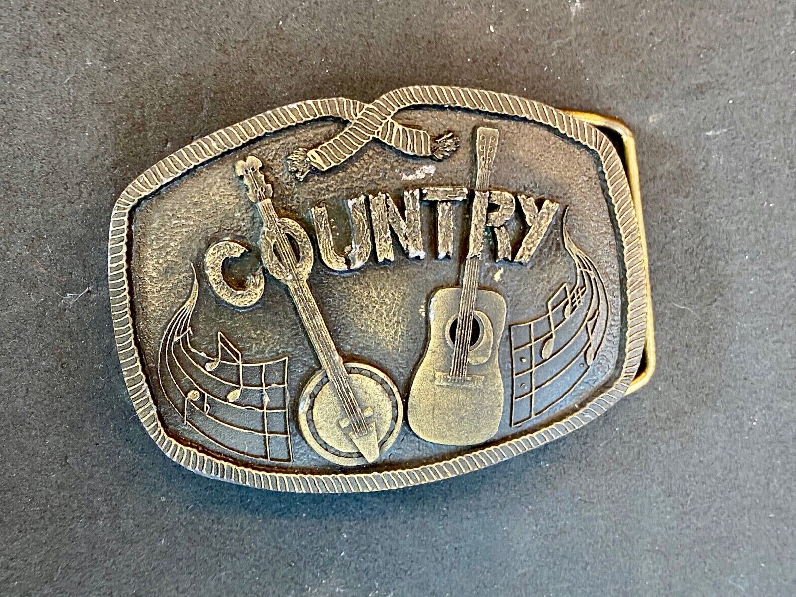 Vintage 1976  Brass Tone Country Music Belt Buckle Banjo And Acoustic Guitar 
