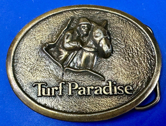 TURF PARADISE ARIZONA HORSE RACING TRACK VINTAGE BRASSTONE BELT BUCKLE