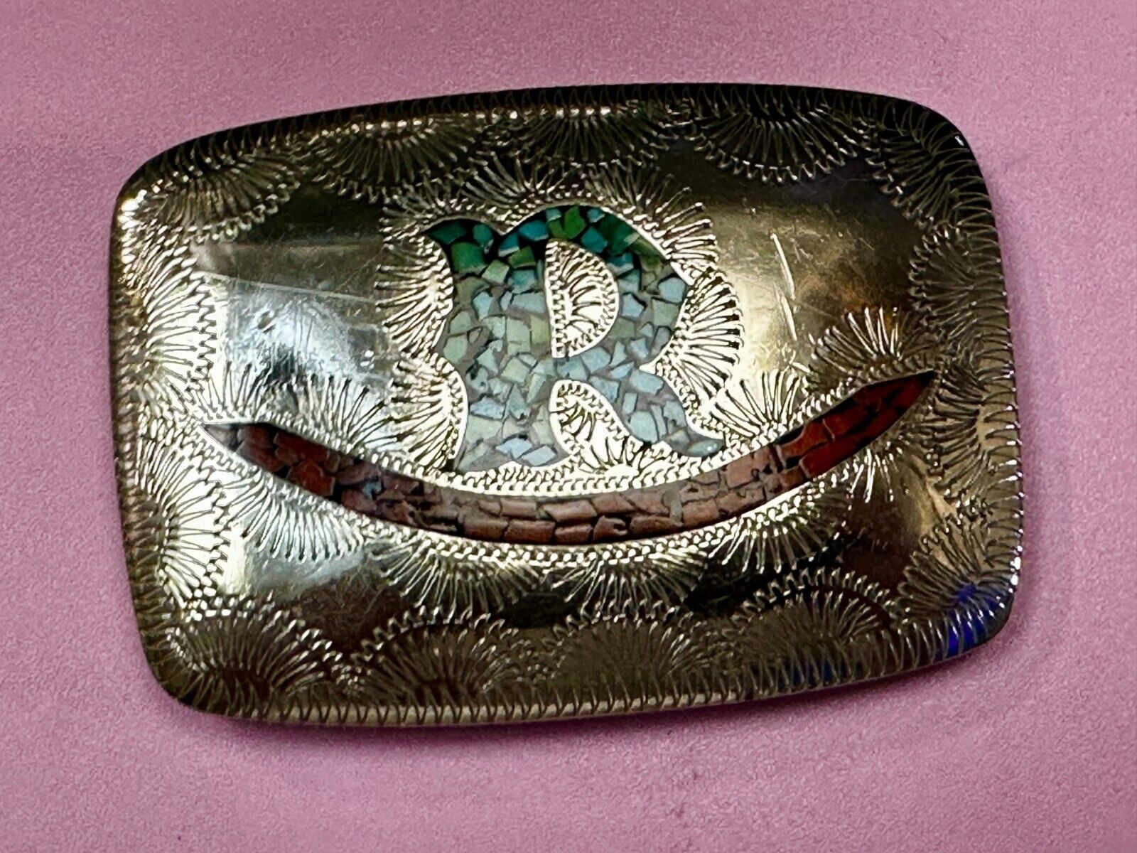 Turquoise & Coral Inlaid Native American Belt Buckle SSH Custom Initial Letter R
