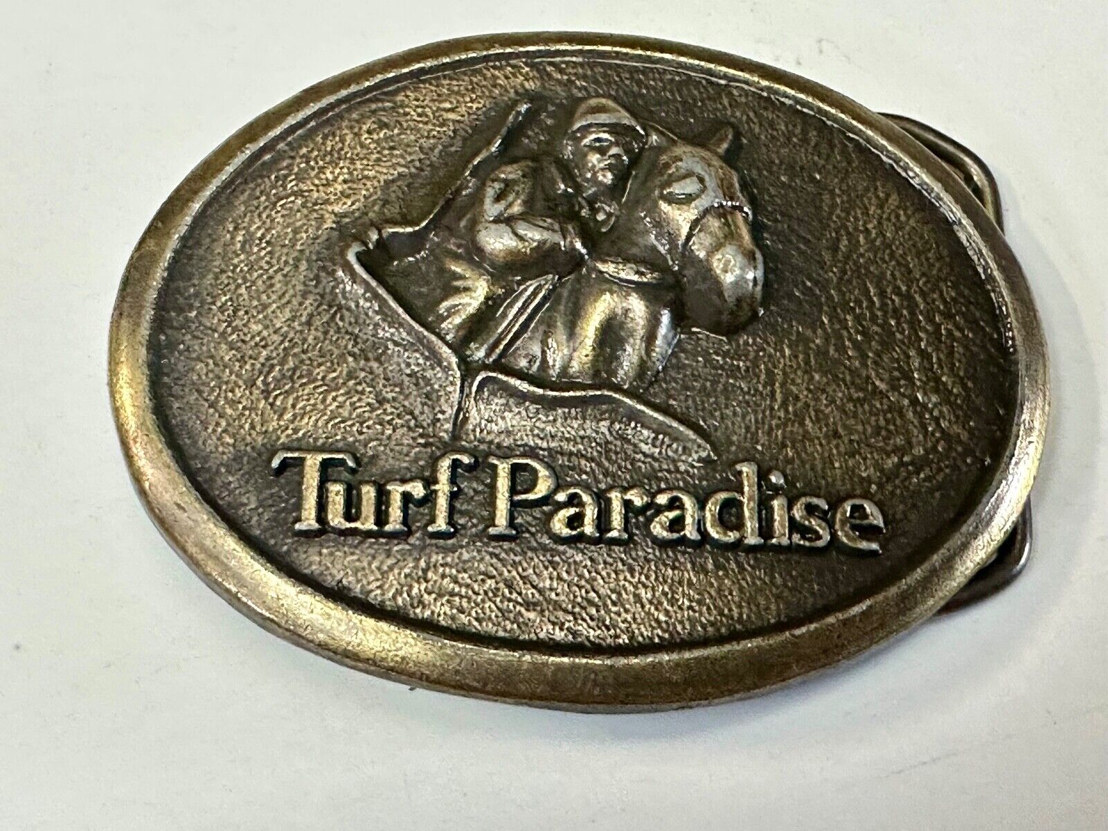 TURF PARADISE ARIZONA HORSE RACING TRACK VINTAGE BRASSTONE BELT BUCKLE
