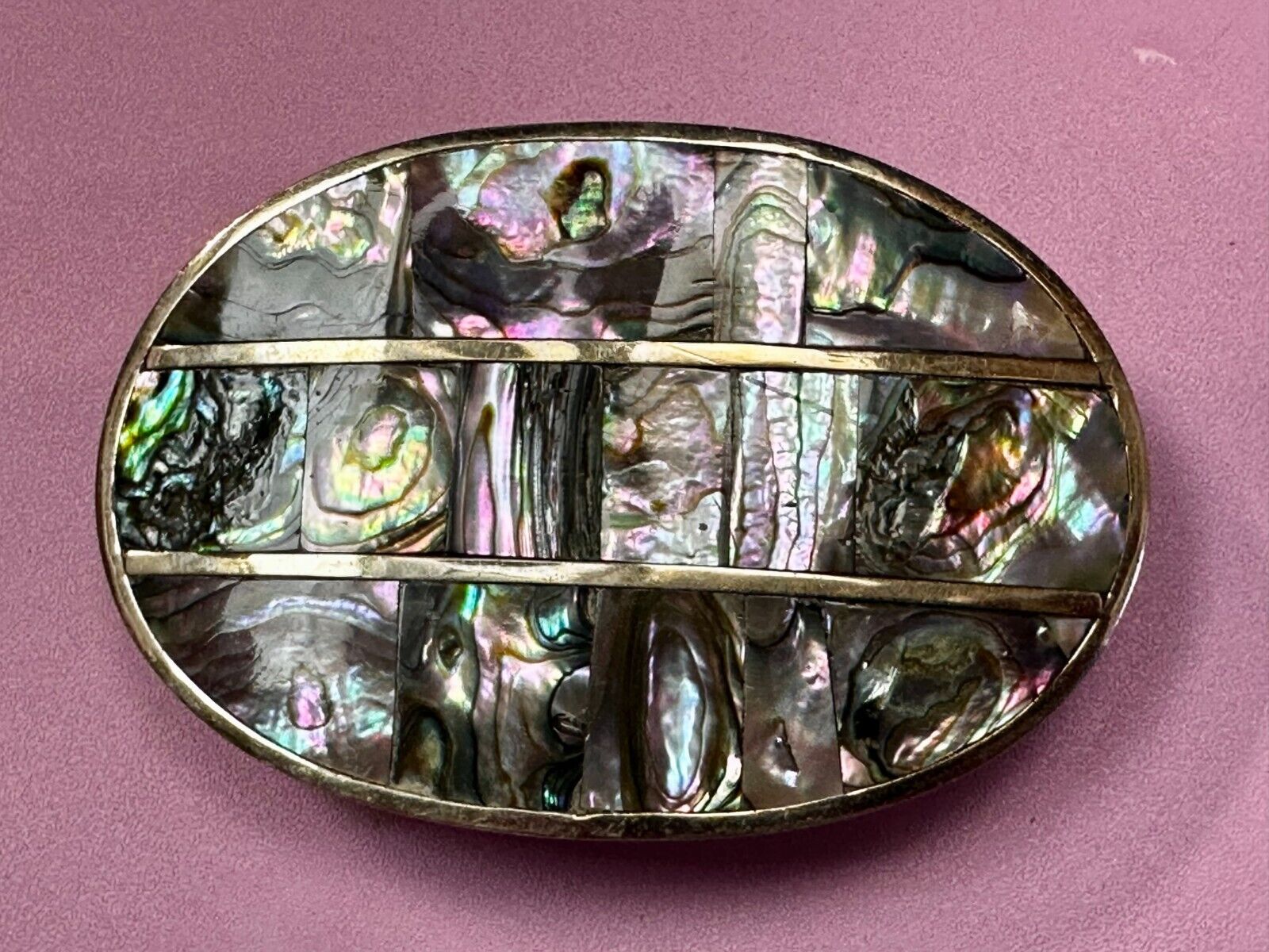 Artisan Natural Abalone Shell Vintage Belt Buckle Stamped Alpaca Mexico
