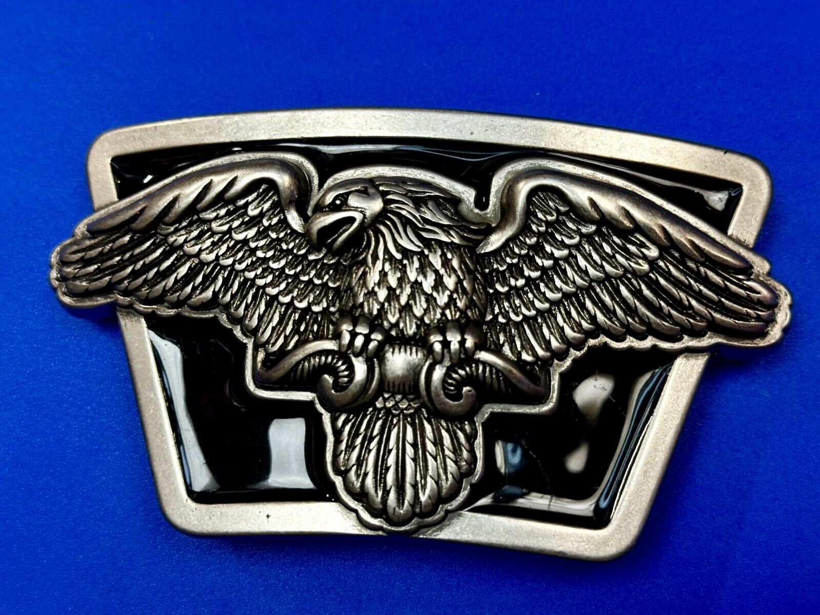 American Flying Bald Eagle Spreading Wings Silver Tone Black Enamel Belt Buckle