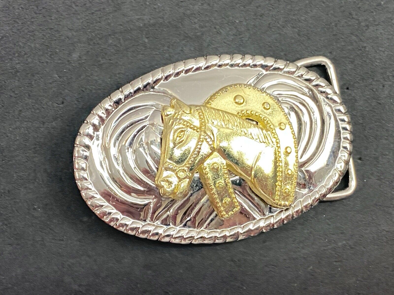 Two toned HORES HEAD BUST inside horseshoe western cowboy oval belt buckle