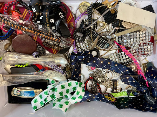 6.4 Pounds Mixed Junk Drawer Lot - Silverware Belts Bracelets Coins - Resale 