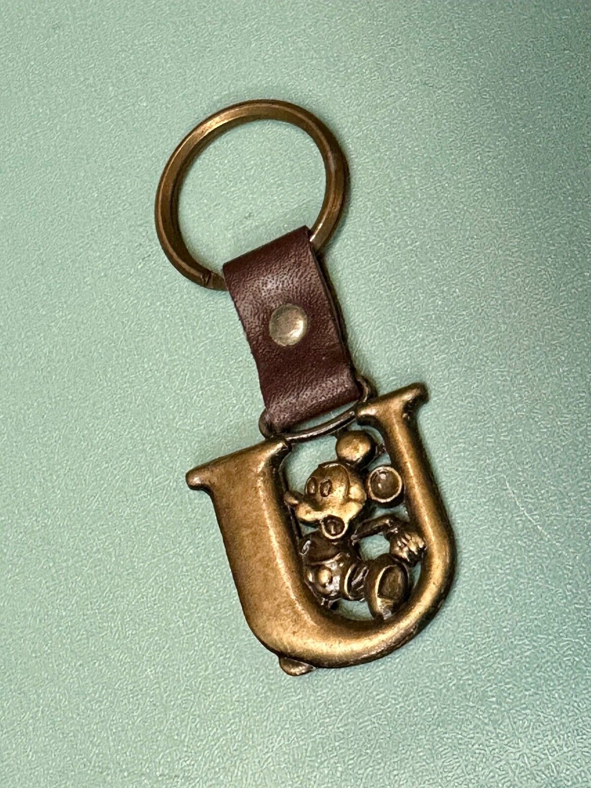 VINTAGE LETTER INITIAL U MICKEY MOUSE DISNEY KEYCHAIN BRASS and LEATHER FOB