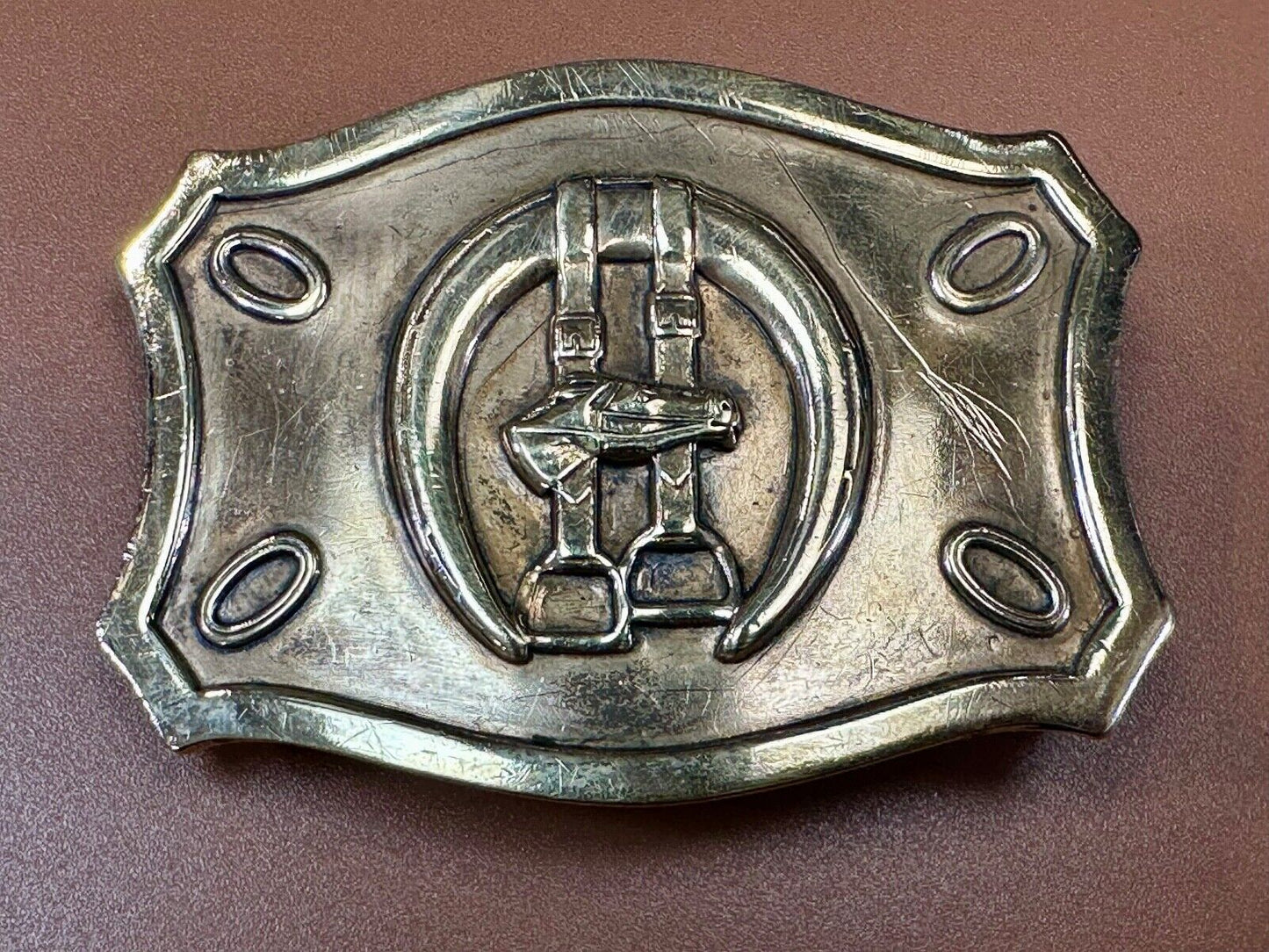 Vintage horse, head &  stirrups western lucky horseshoe belt buckle
