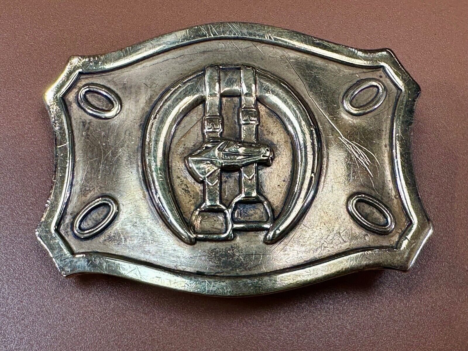 Vintage horse, head &  stirrups western lucky horseshoe belt buckle