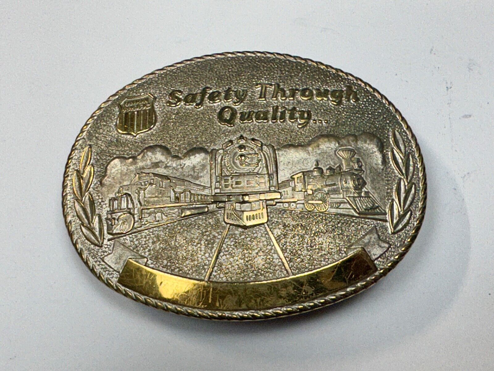 Union Pacific Rail Road SAFETY THROUGH QUALITY Train Engine STOTTS belt buckle