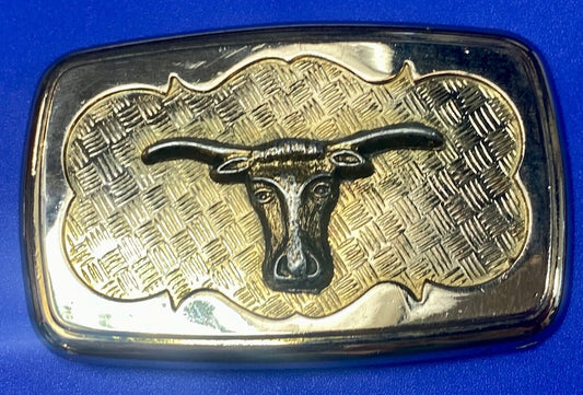 Vintage gold tone Texas Longhorn Steer mesh background western belt buckle