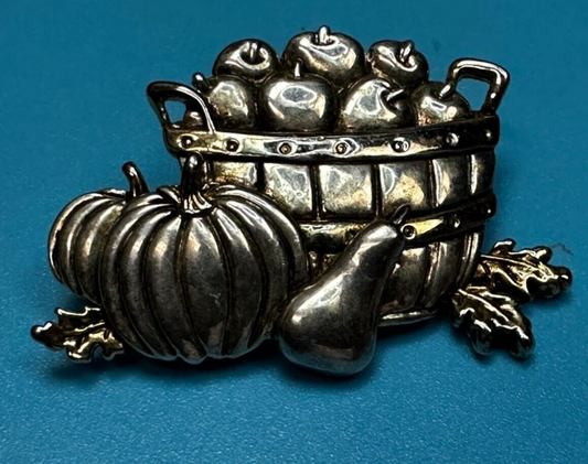 Apple Basket Pumpkin Fall Harvest Autumn Vintage Brooch Pin Signed by MJ