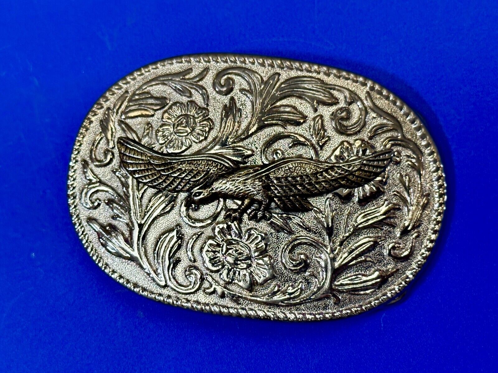 The Eagle Flying with Wings Wide Vintage two tone flower swirl belt buckle