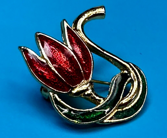 Tulip Lotus Flower Red Green Enamel Gold Tone Brooch Pin Signed by SFJ