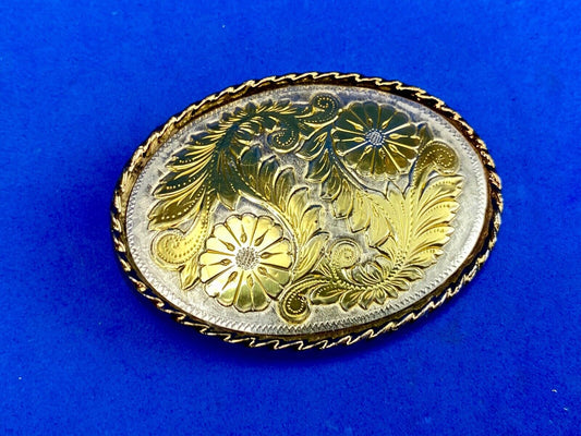Vintage Etched? mixed metal flower swirl western belt buckle 