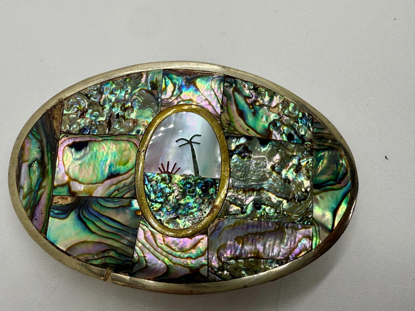 Abalone Shell Mother of Pearl Inlay Beach Scene Belt Buckle Hencho en Mexico