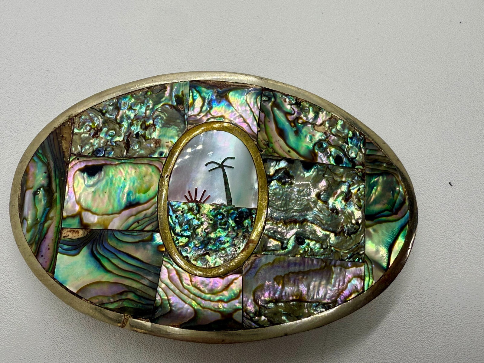 Abalone Shell Mother of Pearl Inlay Beach Scene Belt Buckle Hencho en Mexico