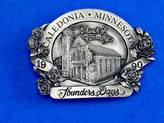 Vintage 1990 - Founder’s Days Caledonia MN belt buckle -  Church of St Mary 