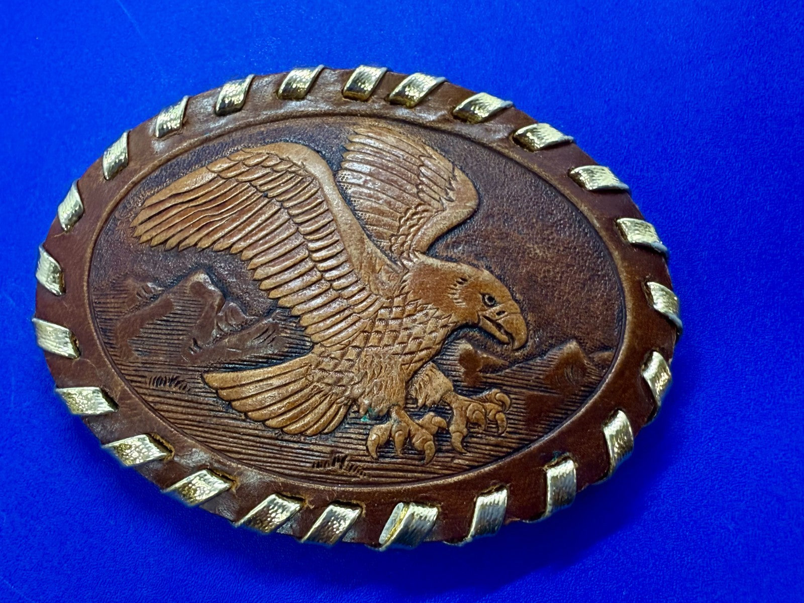 American Bald Eagle Flying Over the Mountain Embossed on Leather Belt Buckle