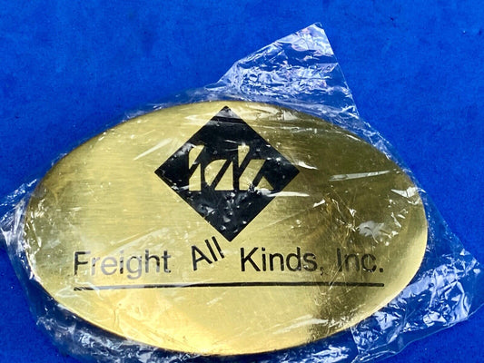 Vintage Freight all kinds, INC. promotional brass belt buckle 