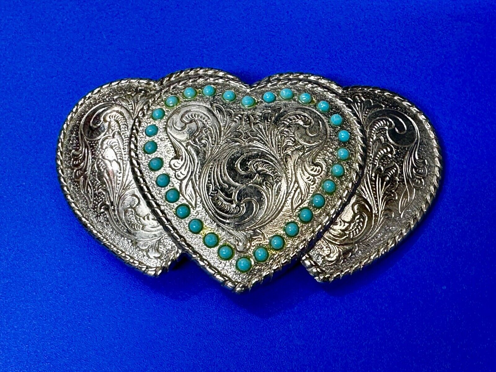 Triple 3 Hearts - Turquoise Colored Accented Or Outlined Three Heart Belt Buckle