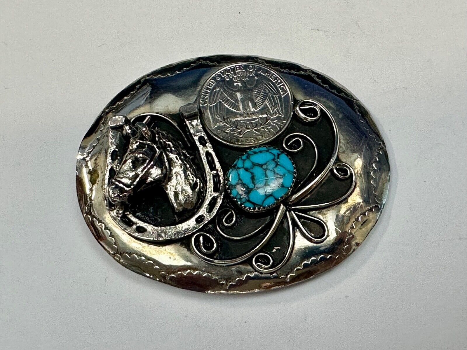 Turquoise Stone Horse Head & Shoe, Quarter Coin Southwestern belt buckle