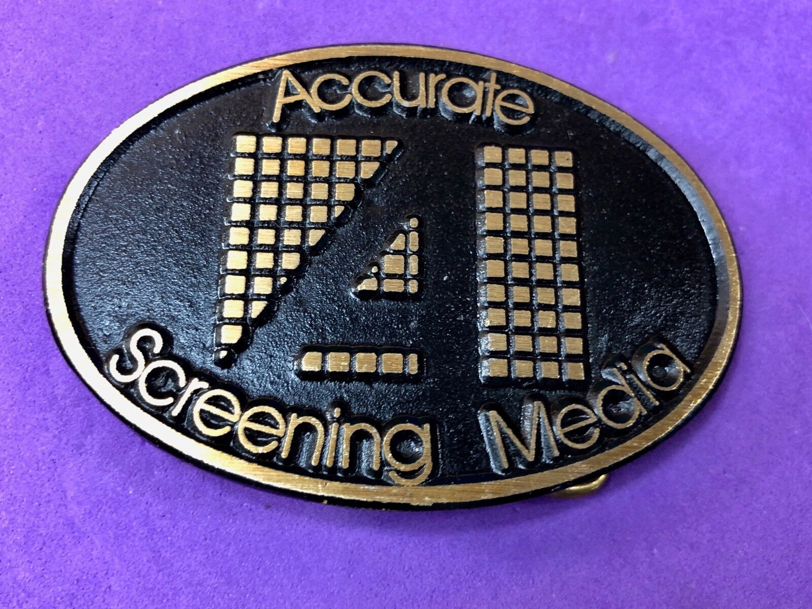 Vintage ACCURATE Screen media  Belt Buckle Company Advertising Promo Logo Add 