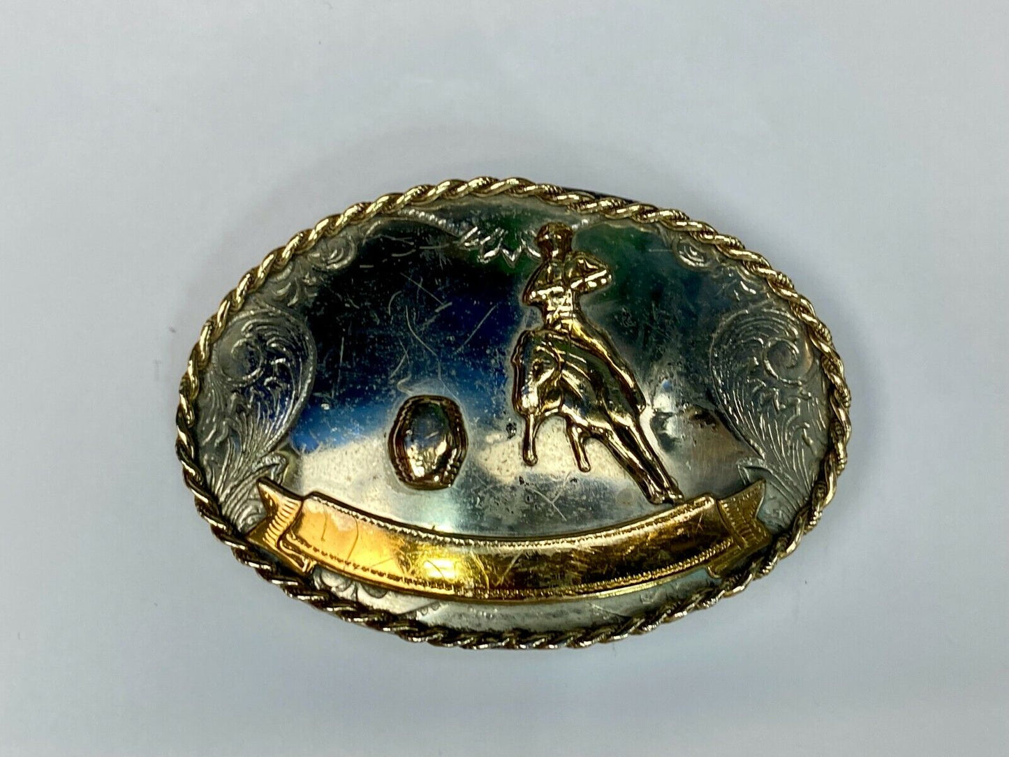 Vintage German Silver Horse Barrel Racing Western Two Tone Belt Buckle W/ Scroll