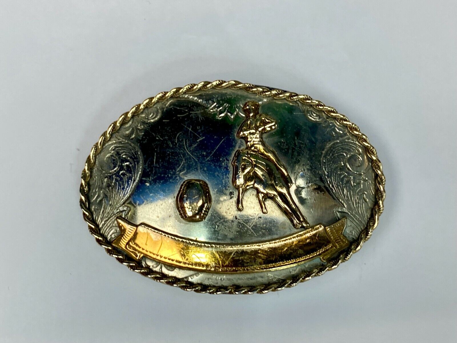 Vintage German Silver Horse Barrel Racing Western Two Tone Belt Buckle W/ Scroll