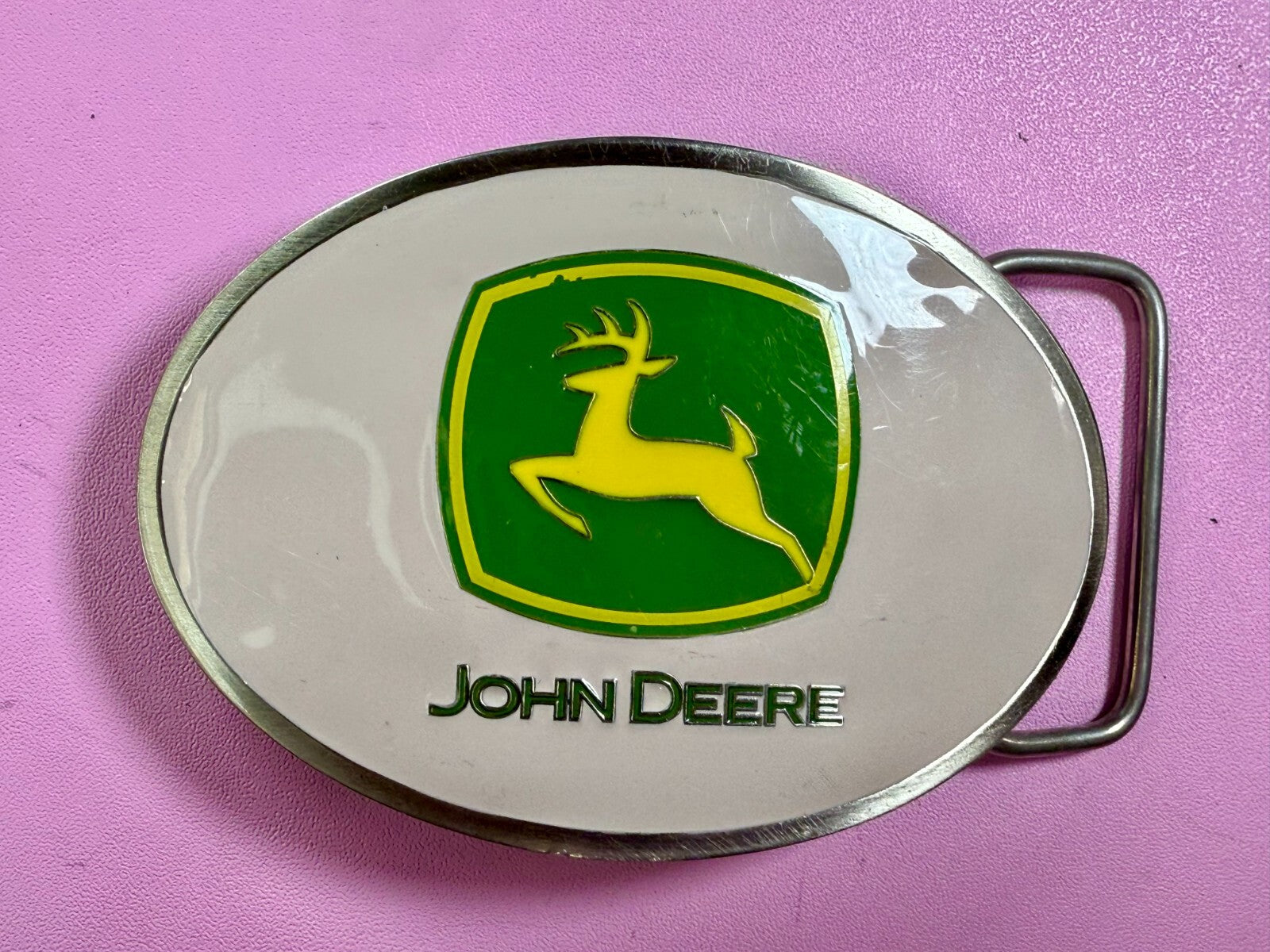 Vintage John Deere Pink Girlie Jumping Deer Logo Farm Tractors Belt Buckle