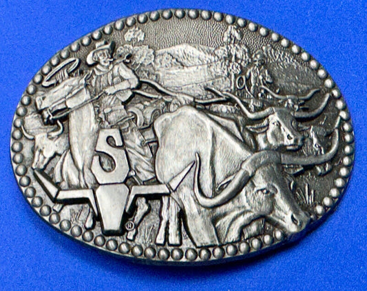 ADM Zee Series Cowboy Longhorn Steer Roping NOS Belt Buckle Award Design Medals