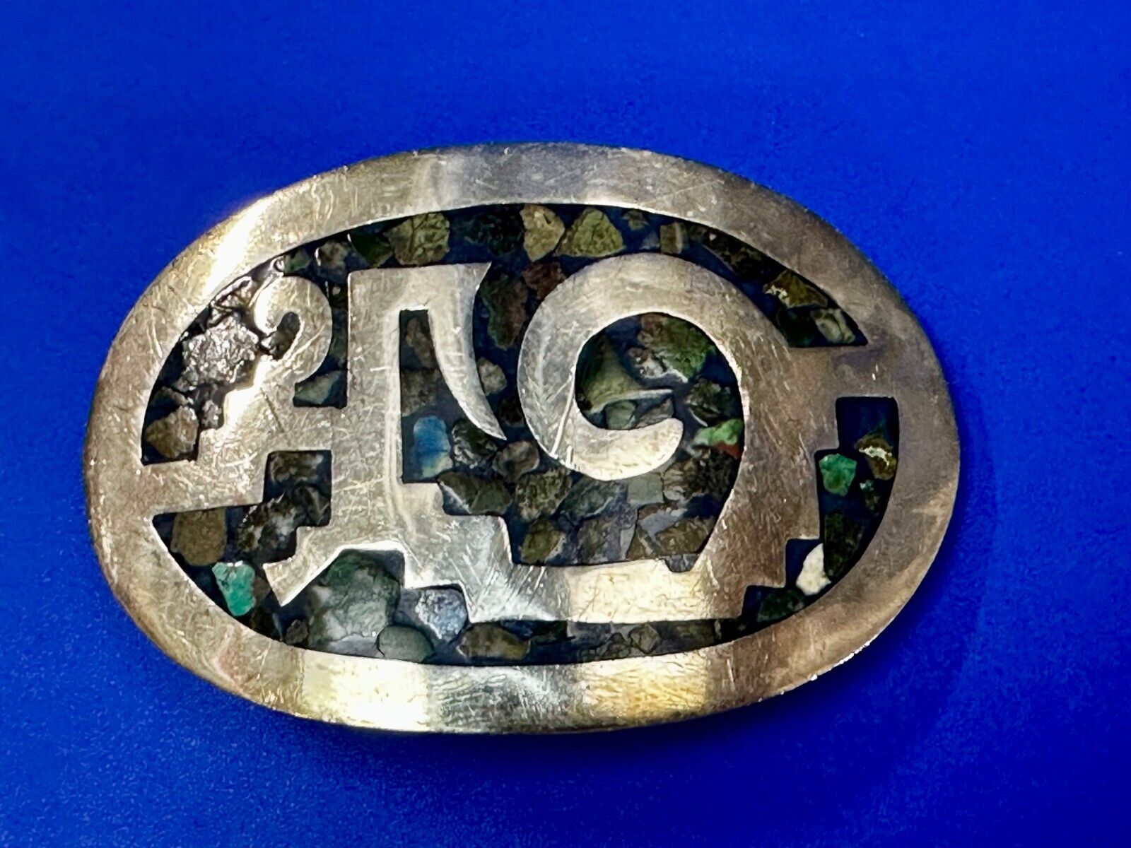 Vintage Inlaid Abalone Shell AZTEC MAYAN Theme Mexico Made? Belt Buckle