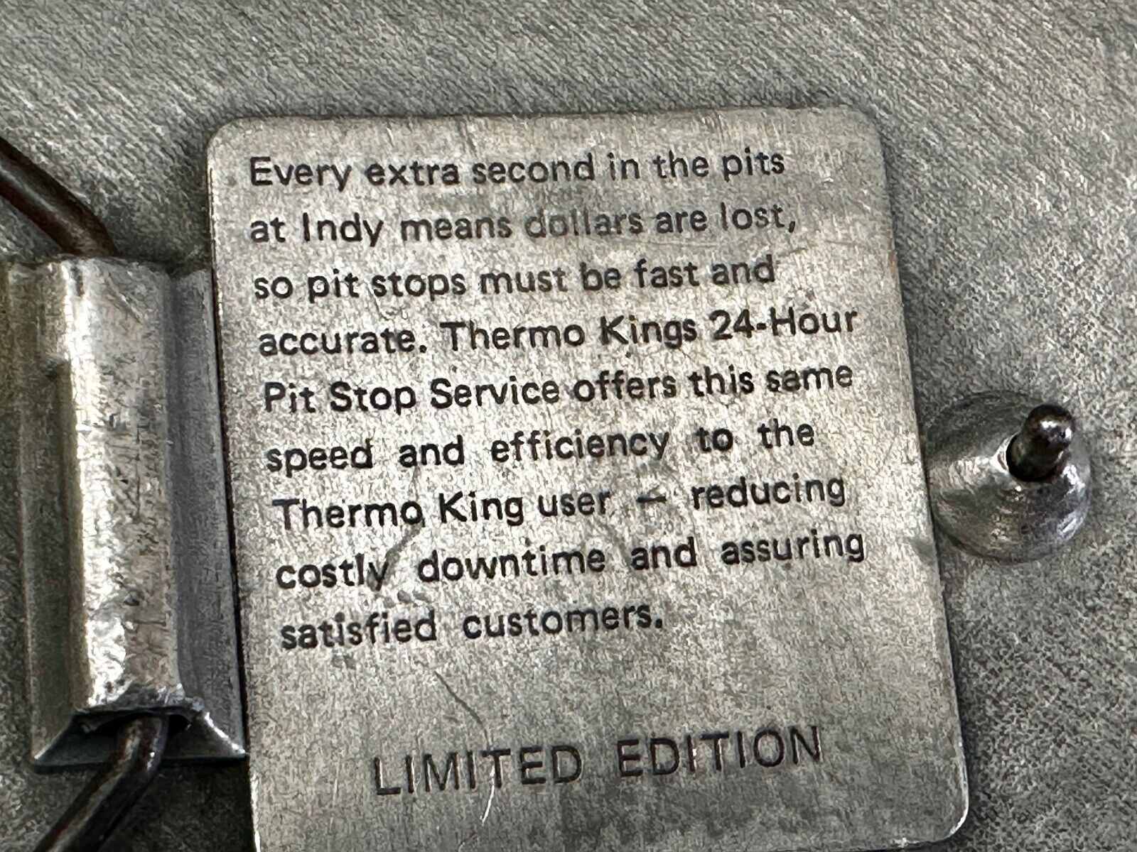TK Thermo King - Indy Motor Speedway 24 hour pit stop Vintage Belt Buckle