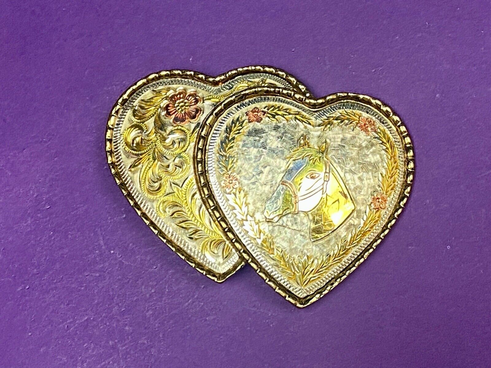 Two Hearts - Horse Head & Ornate Flower Swirl Cut Out Etched Belt Buckle - W