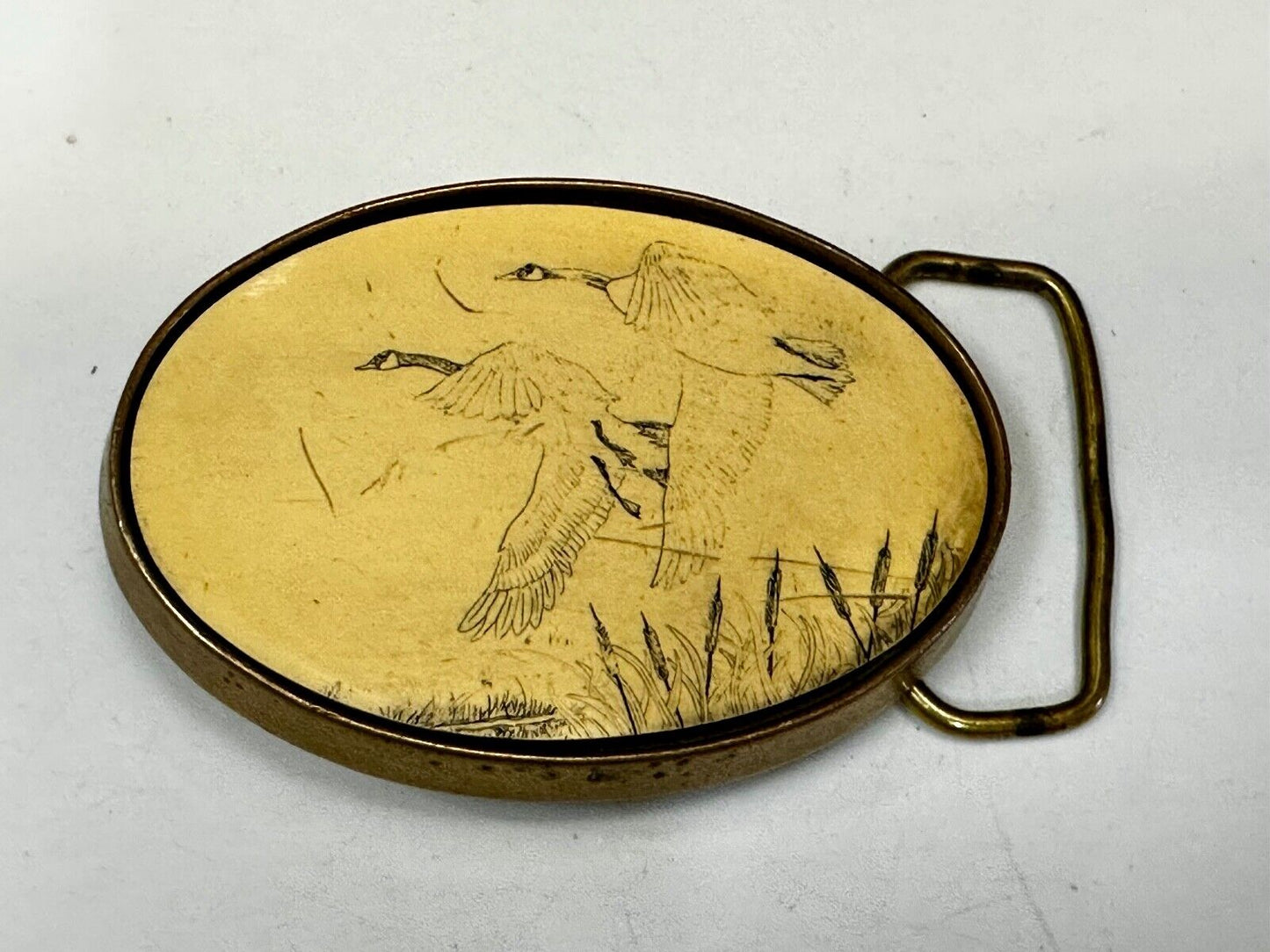 Two flying Ducks - Faux Scrimshaw Drawing Style Vintage Belt Buckle by Barlow