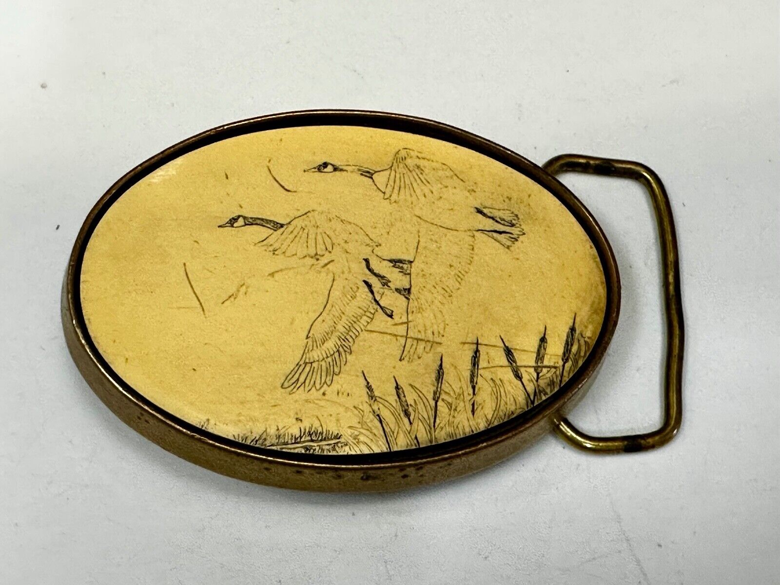 Two flying Ducks - Faux Scrimshaw Drawing Style Vintage Belt Buckle by Barlow