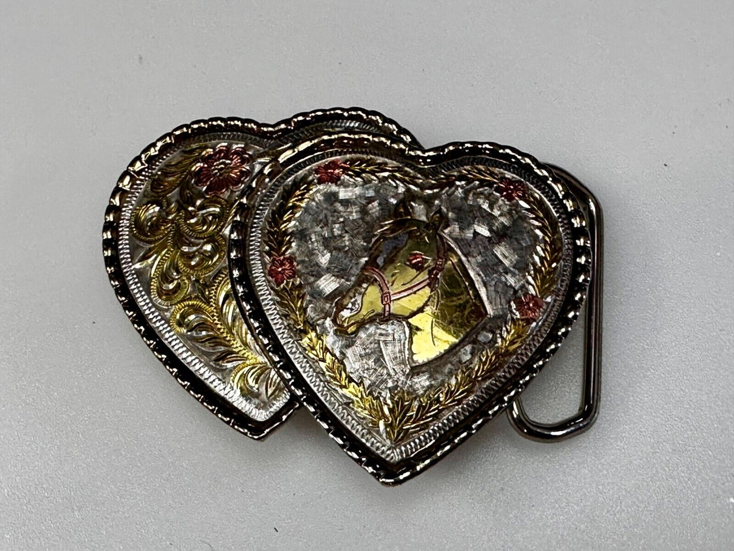 Twin Dual Hearts Horse Head Flower Swirl FloralWestern Belt Buckle W USA