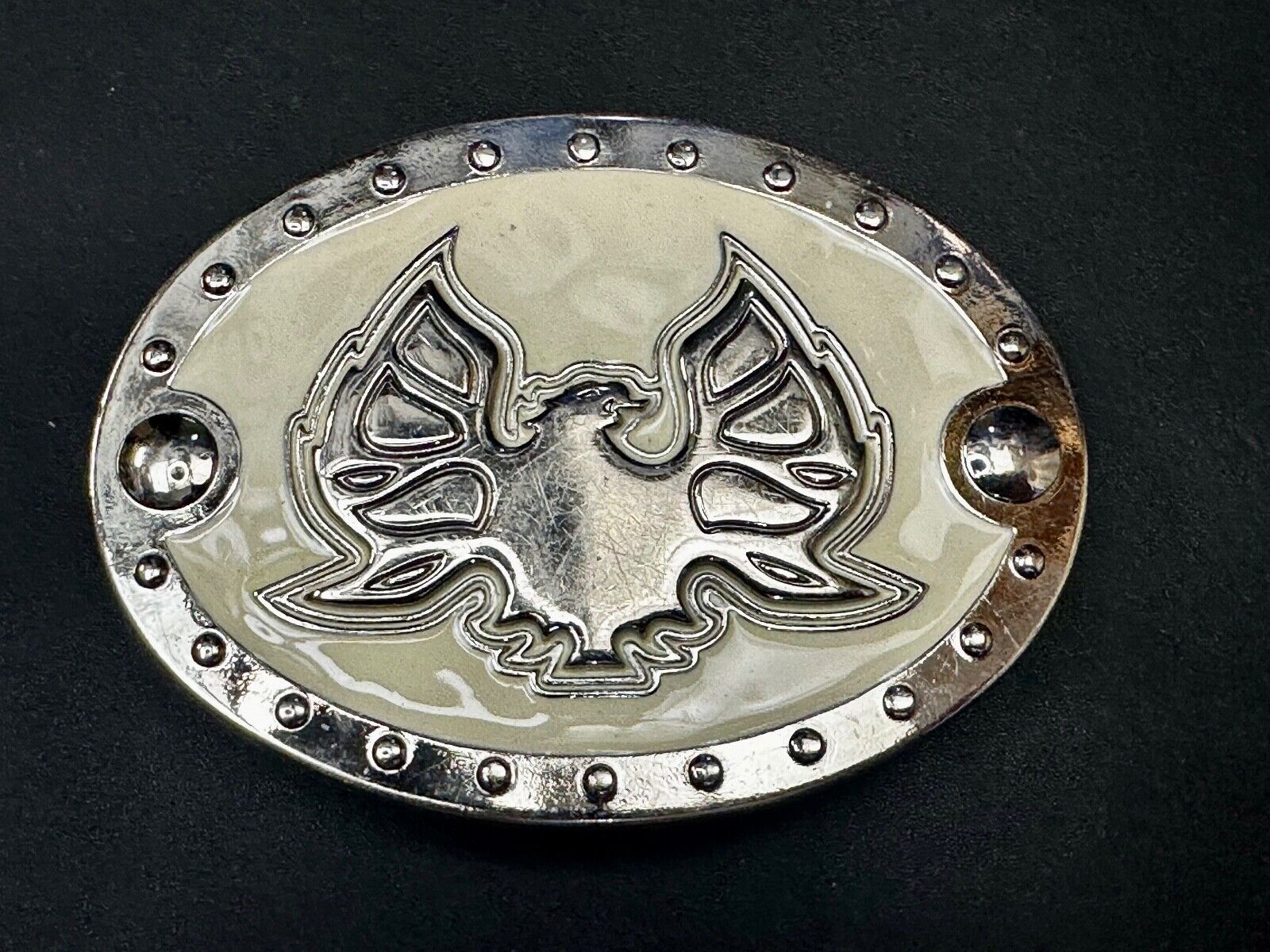 Thunderbird Eagle? Cream Color Enamel Studded Oval Silver Tone Belt Buckle