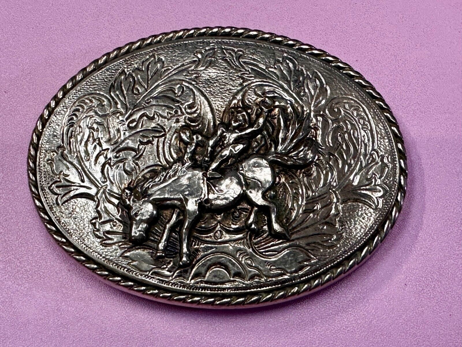 Taming the Wild Western Horse Vintage silver tone oval Belt Buckle 