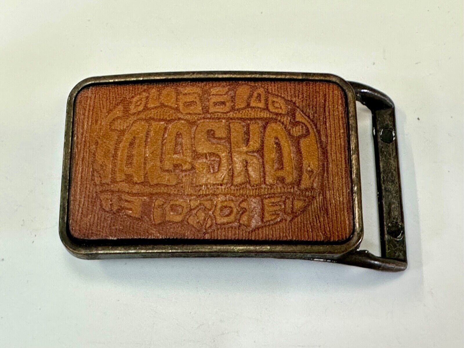 vintage Alaska Rodeo Faux? leather and brass western cowboy belt buckle